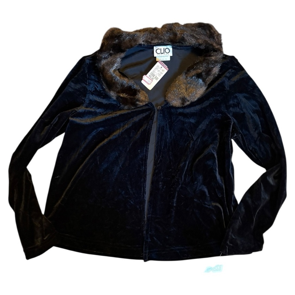 Clio NWT Vintage Black Velvet Cardigan Shrug with Faux Fur Collar | Small Petite